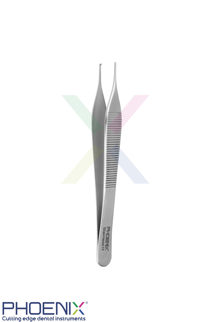 Adson Tissue forceps used to grasp and stabilise soft tissue during suturing.