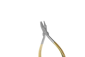 Three prong pliers, Precision aligned tips are rounded for consistent contouring and bending without damaging the archwire. One-piece construction of the double tip ensures superior strength.  Can be used on wire up to .030” (.76mm).