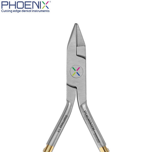 Three prong pliers, Precision aligned tips are rounded for consistent contouring and bending without damaging the archwire. One-piece construction of the double tip ensures superior strength. Can be used on wire up to .030” (.76mm).